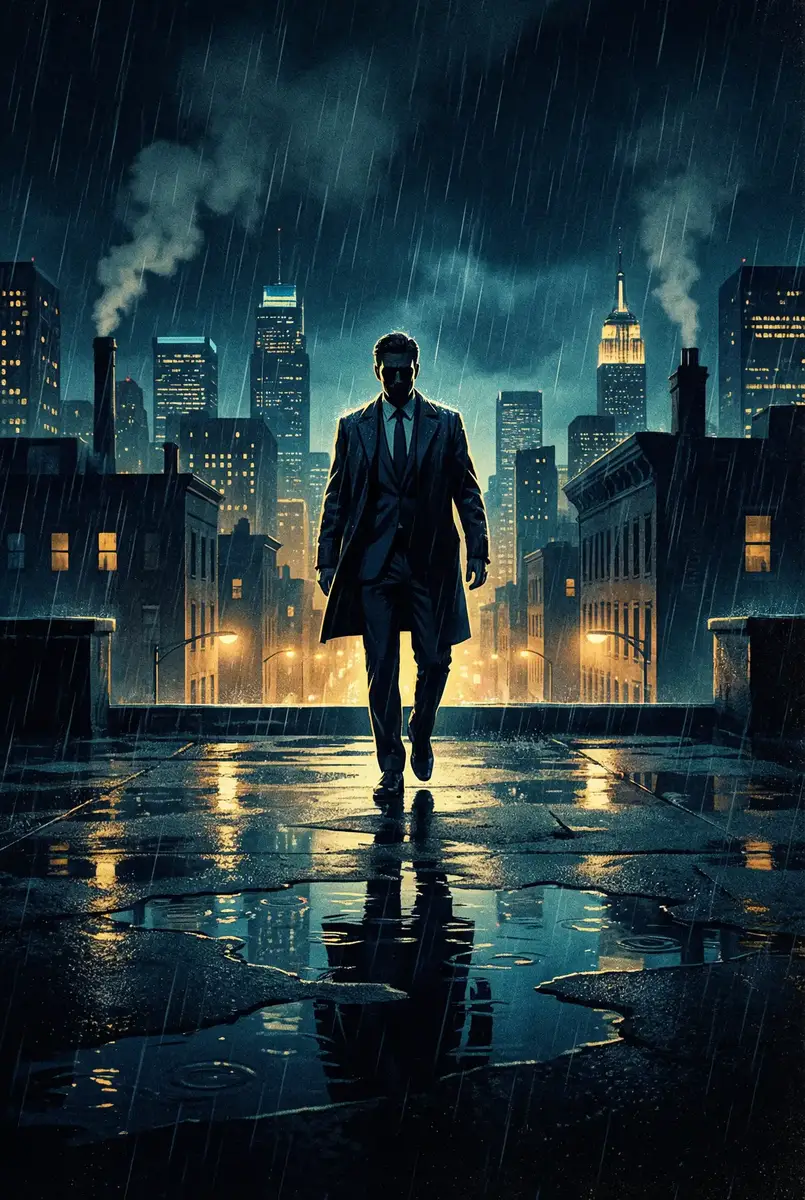 扫黑风暴免费 出品影片《雨夜独行者》海报，雨中城市屋顶男性剪影